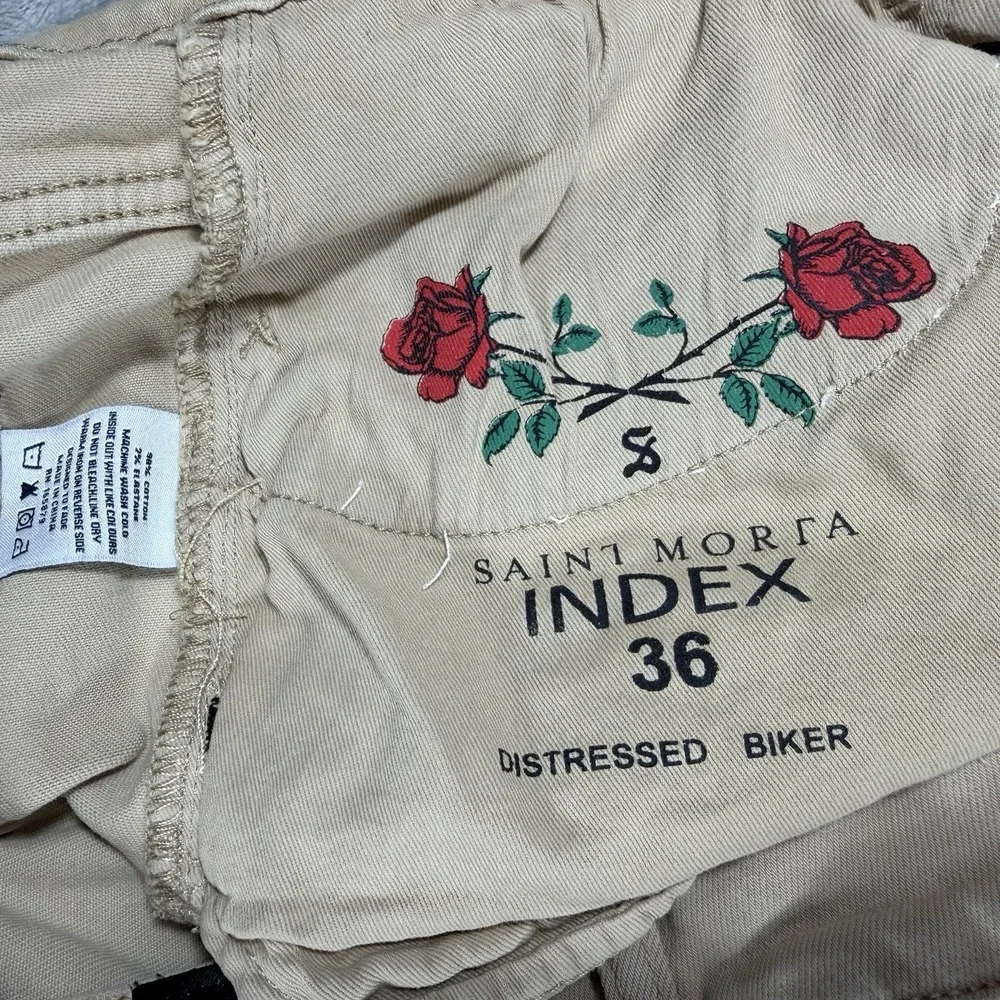 Saint Morta Men's Index Distressed Biker Jeans Sz 36x31 Moto Ripped Beige Khaki